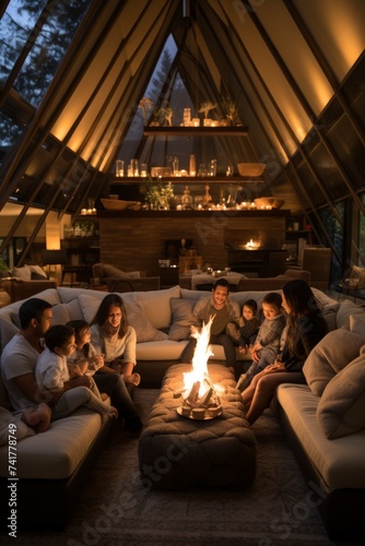 Family Gathered Around Fire in Cozy Living Room