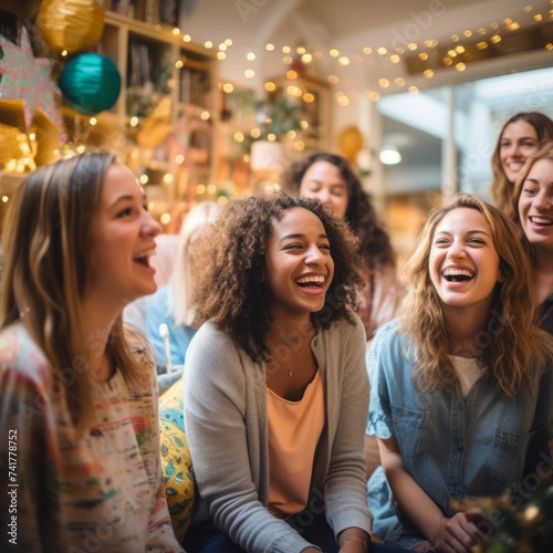 A group of diverse women are laughing together in a brightly lit room.