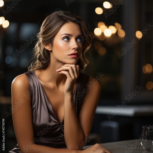 Elegant woman in evening dress sitting at bar counter