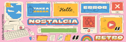 Set with retro user interface elements. Error window, video and aulio player applications. Vintage desktop computer. Trendy simple illustration style.