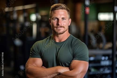 A beefy blond man with a mustache and beard in the gym looks at the camera and smiles