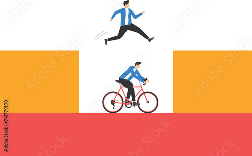 Business person running with ride bicycle to competition

