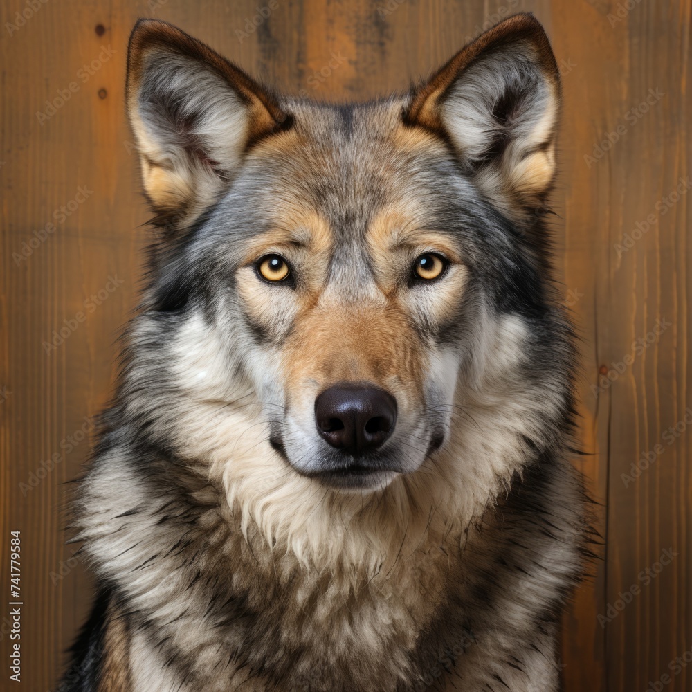 Close up portrait of a beautiful wolf staring at the camera with an intense gaze