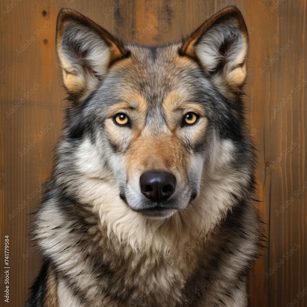 Fototapeta premium Close up portrait of a beautiful wolf staring at the camera with an intense gaze