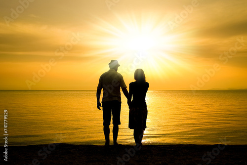 A happy couple by the sea on nature in travel silhouette