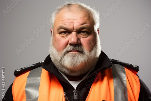 British man with white beard and mustache wearing an orange reflective vest