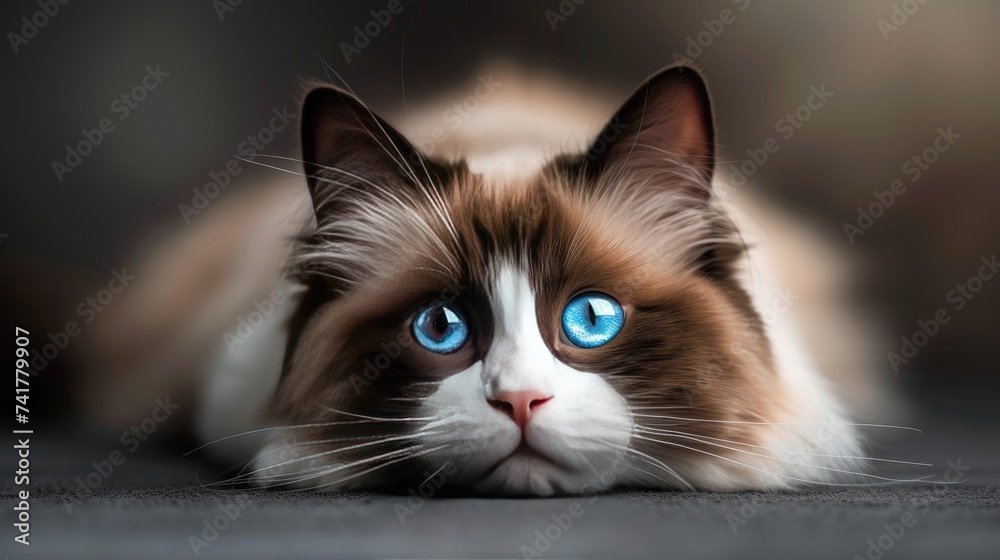 Regal Ragdoll Cat with Striking Blue Eyes Lying Down Relaxing