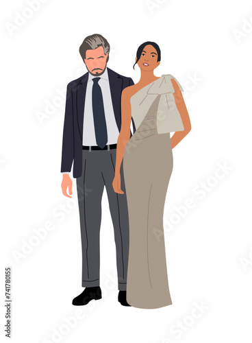 Beautiful couple wearing evening formal outfit for celebration, wedding, event, party. Happy senior man and woman in gorgeous clothes vector realistic illustration isolated on transparent background.