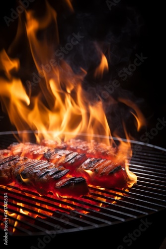 Grilled meat on a flaming grill with smoke