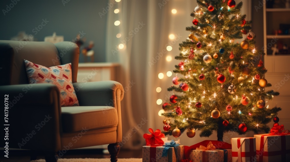 A beautifully decorated Christmas tree in a living room