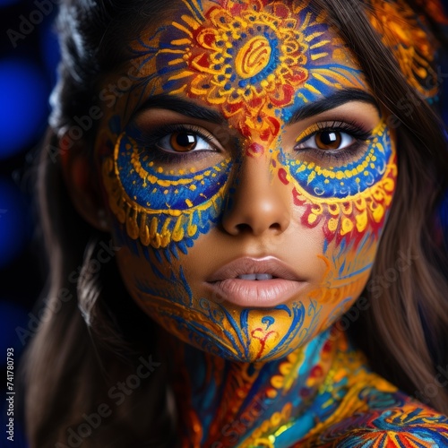 Close-up of a woman's face painted with colorful patterns photo