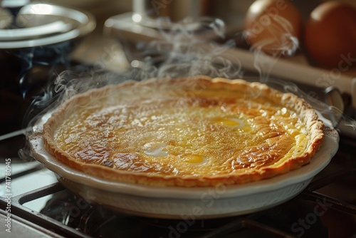 Steaming apple pie with golden crust on a stove.