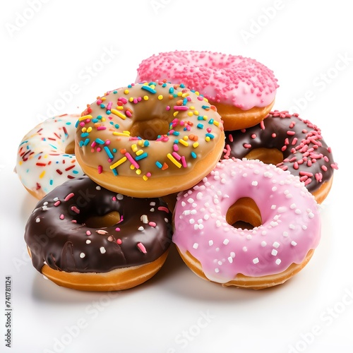 Assorted glazed donuts with colorful sprinkles on a white background