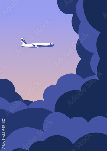 Plane flying in the sky among big cumulus clouds illustration. Vector gradient illustration