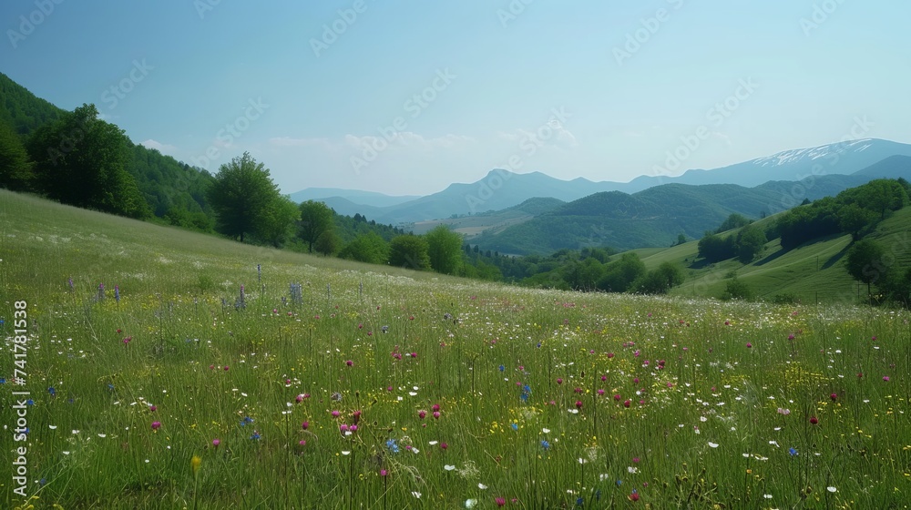 Picturesque mountain landscape with blooming meadow in summer