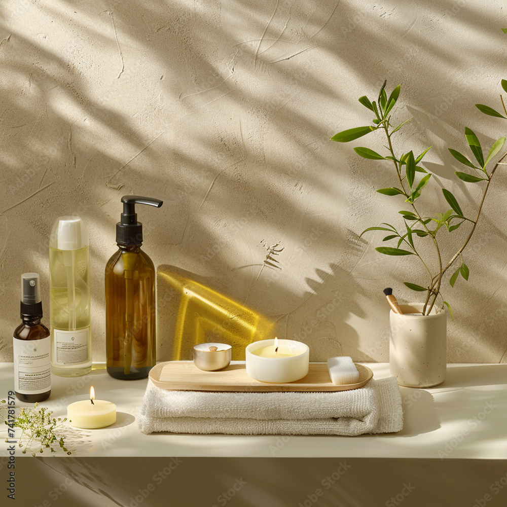 Spa skin care product set decoration, towel candle, oil bottle with nature light for background. Spa skin care product set decoration, towel candle, oil bottle with nature light for background.
