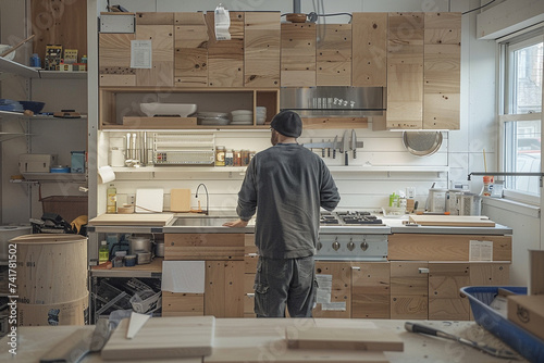 A carpenter is assembling a wooden kitchen. and decorating kitchen sets, kitchen technicians, interior technicians. photo