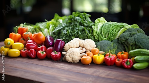 A variety of fresh vegetables are arranged on a wooden table.