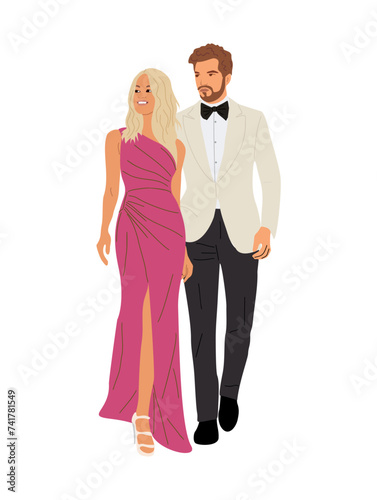 Beautiful couple wearing evening formal outfit for celebration, wedding, event, party. Happy man and woman in gorgeous clothes vector realistic illustration isolated on transparent background.