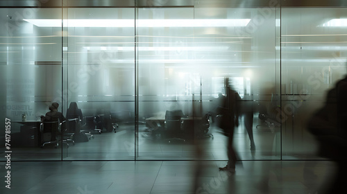 Blurred office with people working behind glass wall