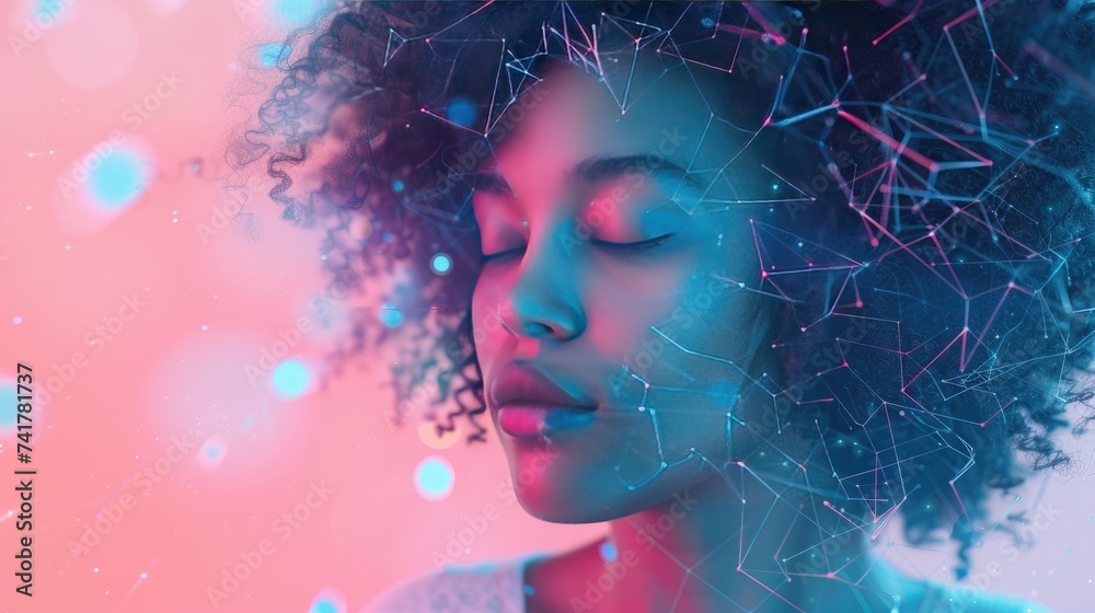 Dreamy Cyber-Inspired Portrait of a Young Black Woman with Curly Hair