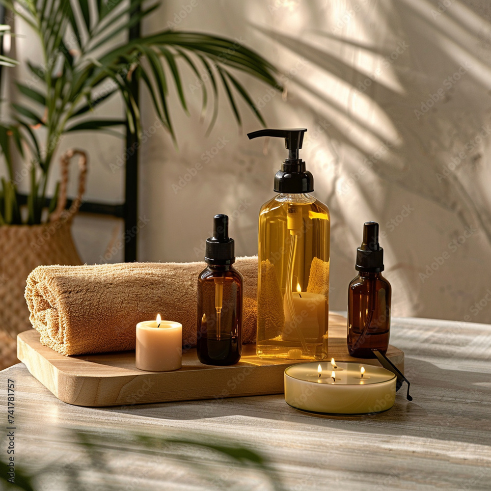 Spa skin care product set decoration  towel candle  oil bottle with nature light for background.