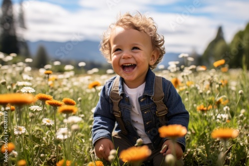 Laughing toddler in a field of flowers