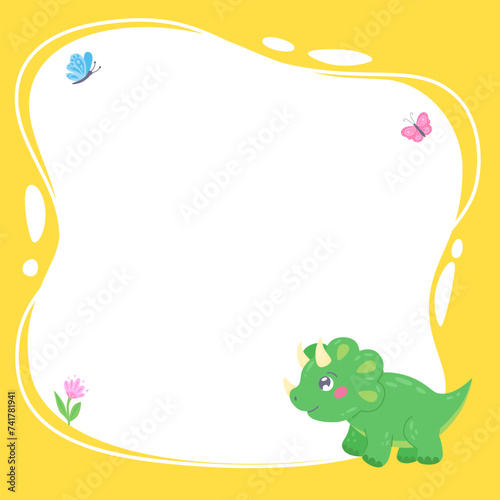 Cute dinosaur with a blot frame in hand-drawn cartoon style. Funny colorful character with flower and butterflies. Template for text or photo. Can be used for postcards, invitations, kindergarten