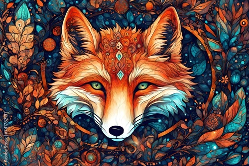 Fantasy background with enchanted fox face. fantastic magical illustration. Digital art