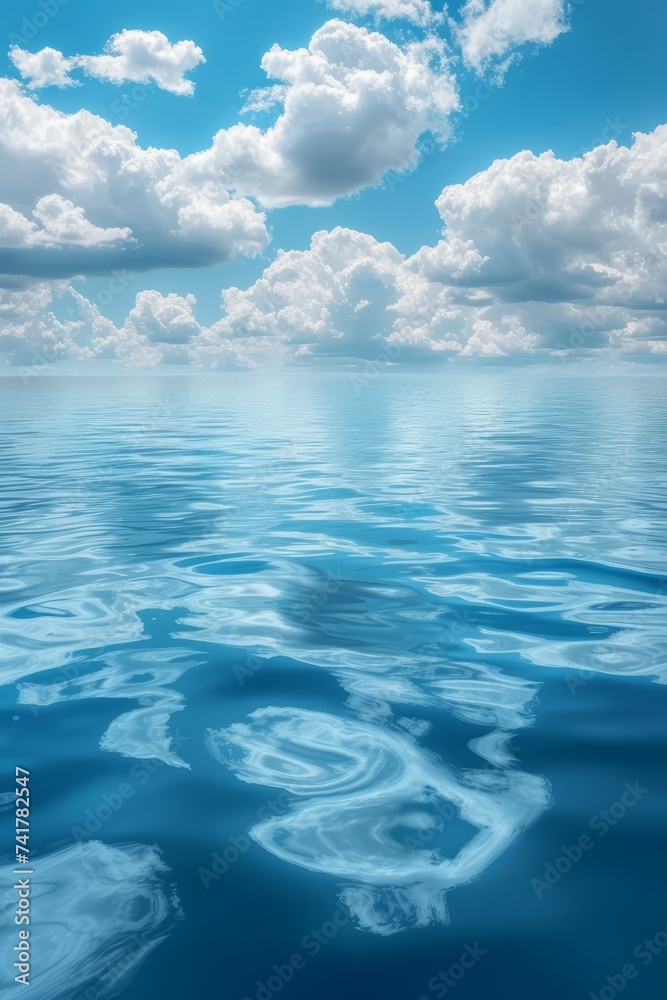 Blue ocean water surface and white clouds in the sky