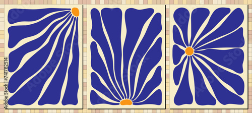 Set of 3 natural organic hand drawn Matisse flower vector shapes in blue and yellow colors for posters,wall art,tshirt,tote bag design with bonus abstract earthy brown roman mosaic tile background