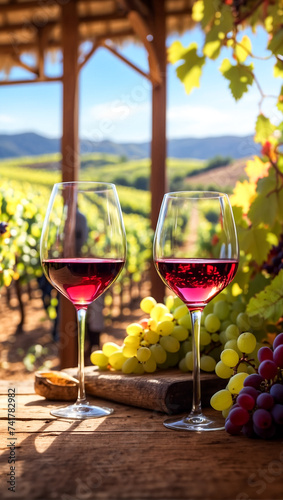 Two glasses of red wine on a wooden table next to bunches of grapes, in the background a landscape of a vine.