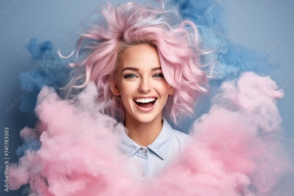 An enthusiastic girl with a sweet smile and pink hair is flying in pink clouds