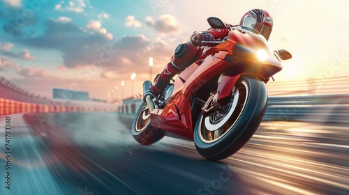 High-Speed Red Sport Motorcycle Racing on a Modern Track at Sunset photo