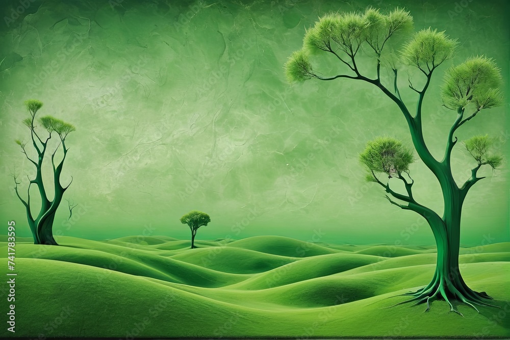 Fototapeta premium Emerald Dream: Surreal Green Hills and Whimsical Trees