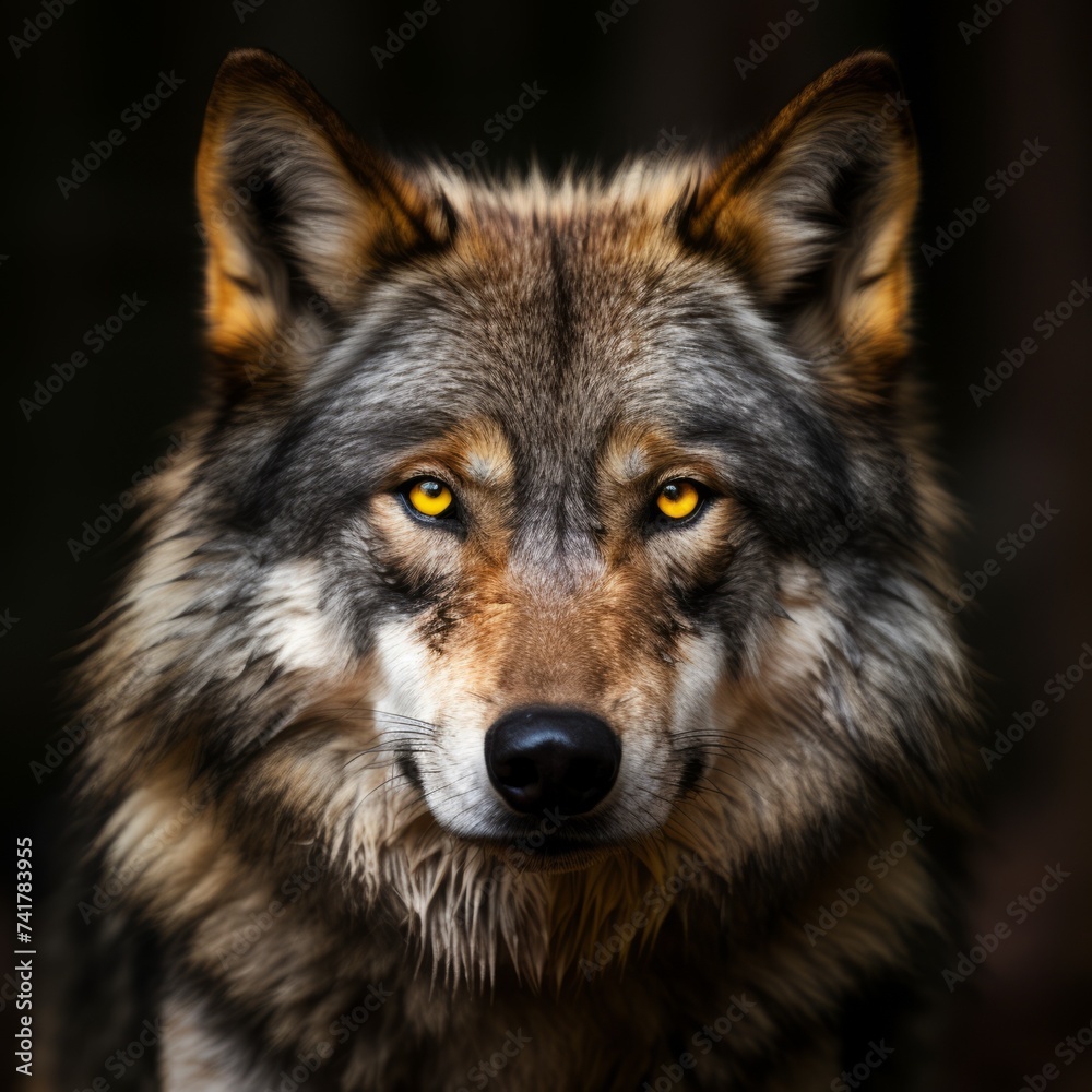 Fototapeta premium Portrait of a wolf staring at the camera with glowing yellow eyes