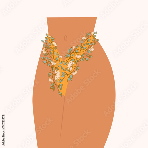 Flourish bikini intimate depilation and hygiene . Women's health, body positive illustration.