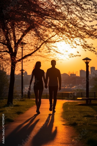 Couple holding hands walking into the sunset