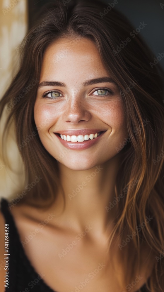 portrait of a smiling young woman with green eyes and freckles portrait of a smiling young woman with green eyes and freckles