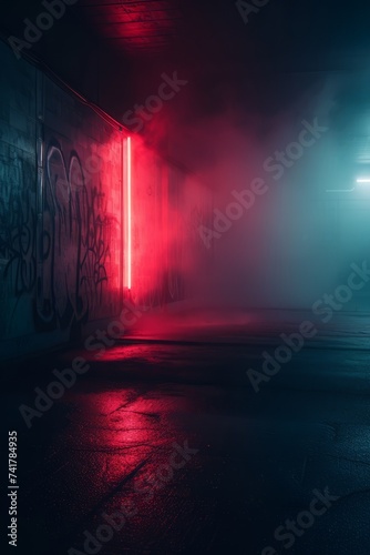Red and blue neon lights in a dark tunnel © Adobe Contributor