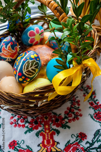 Basket with Easter eggs, paska with embroidered towels for Easter. Ukrainian traditions for Easter photo