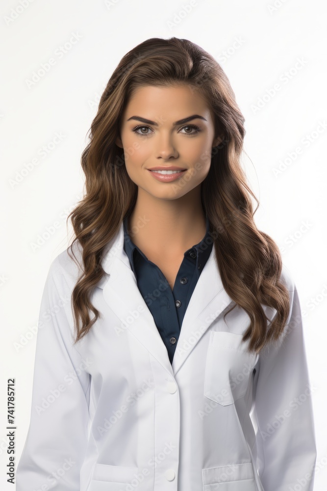 Portrait of a young female doctor smiling wearing a lab coat Portrait of a young female doctor smiling wearing a lab coat