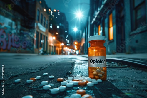 Fallen opioid bottle on a desolate city street symbolizing medical crisis.