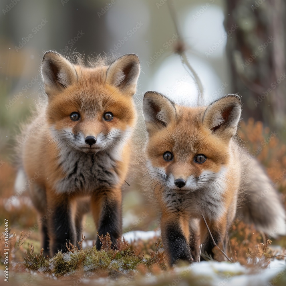 Fototapeta premium Playful red fox kits exploring a woodland, showcasing curiosity and cuteness.