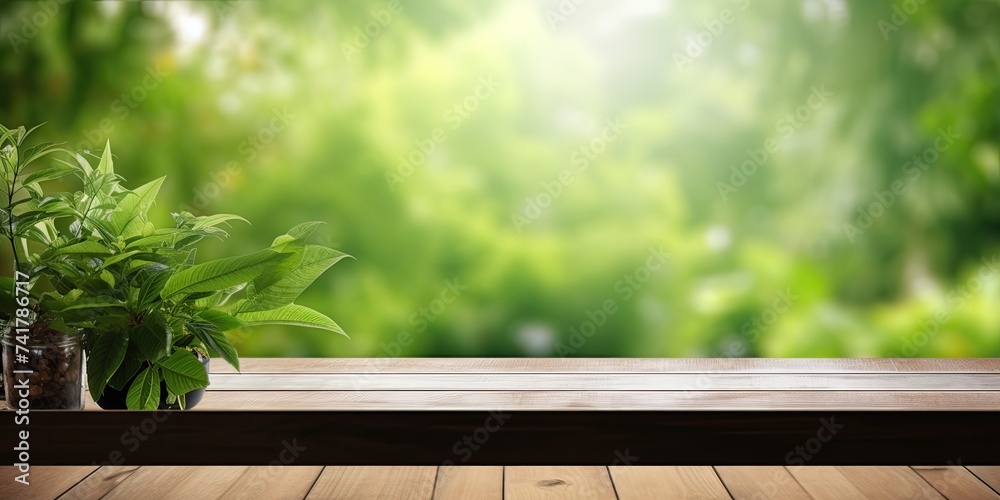 Green garden view through blurry window on empty wooden table for product display or design layout.