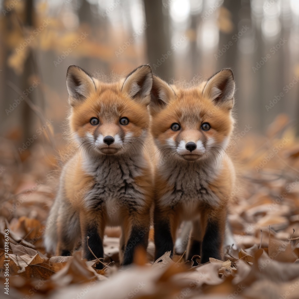 Fototapeta premium Playful red fox kits exploring a woodland, showcasing curiosity and cuteness.