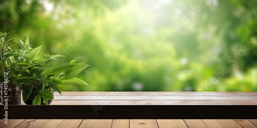 Green garden view through blurry window on empty wooden table for product display or design layout.