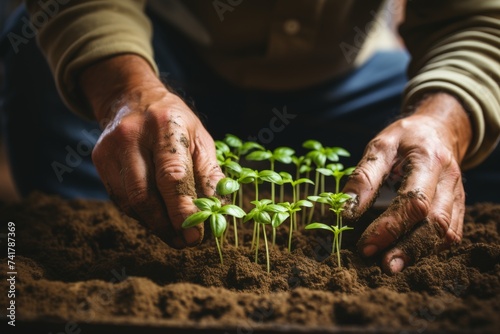 Close-up of hands nurturing soil around delicate young green plant seedlings, symbolizing growth and agriculture