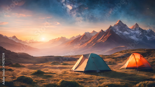 Camping in the mountains at sunset. The concept of extreme tourism.