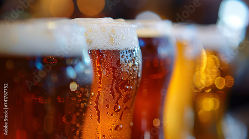 Close-up of Condensation on Craft Beer Glasses with Warm Bokeh Background